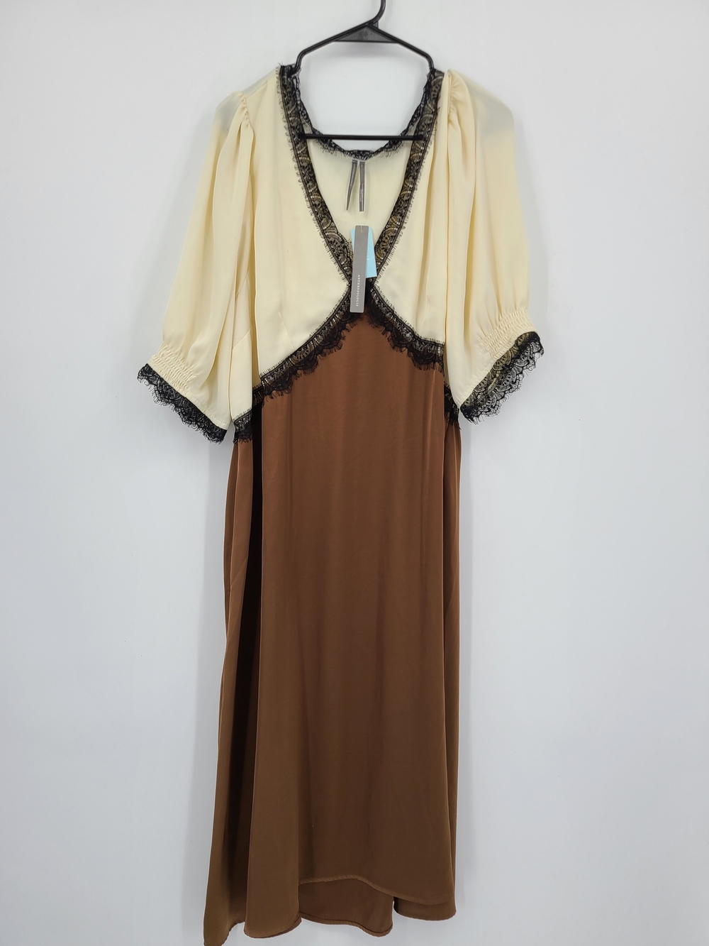 Anthropologie Cream Bodice Brown Maxi Dress with Black Lace Trim Size 2X DAMAGED